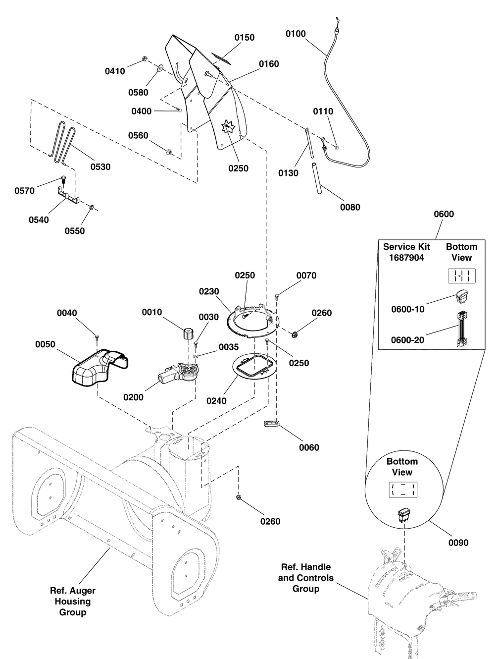 Chute And Rotation Group Diagram and Parts List for 1696037-18-2847-31 2011 Briggs and Stratton Snow Blower